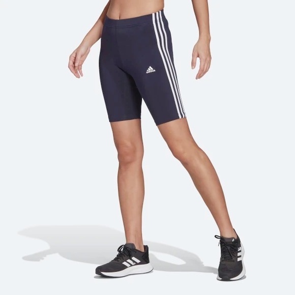Adidas essential 3 stripe training biker shorts black white - Picture 1 of 10